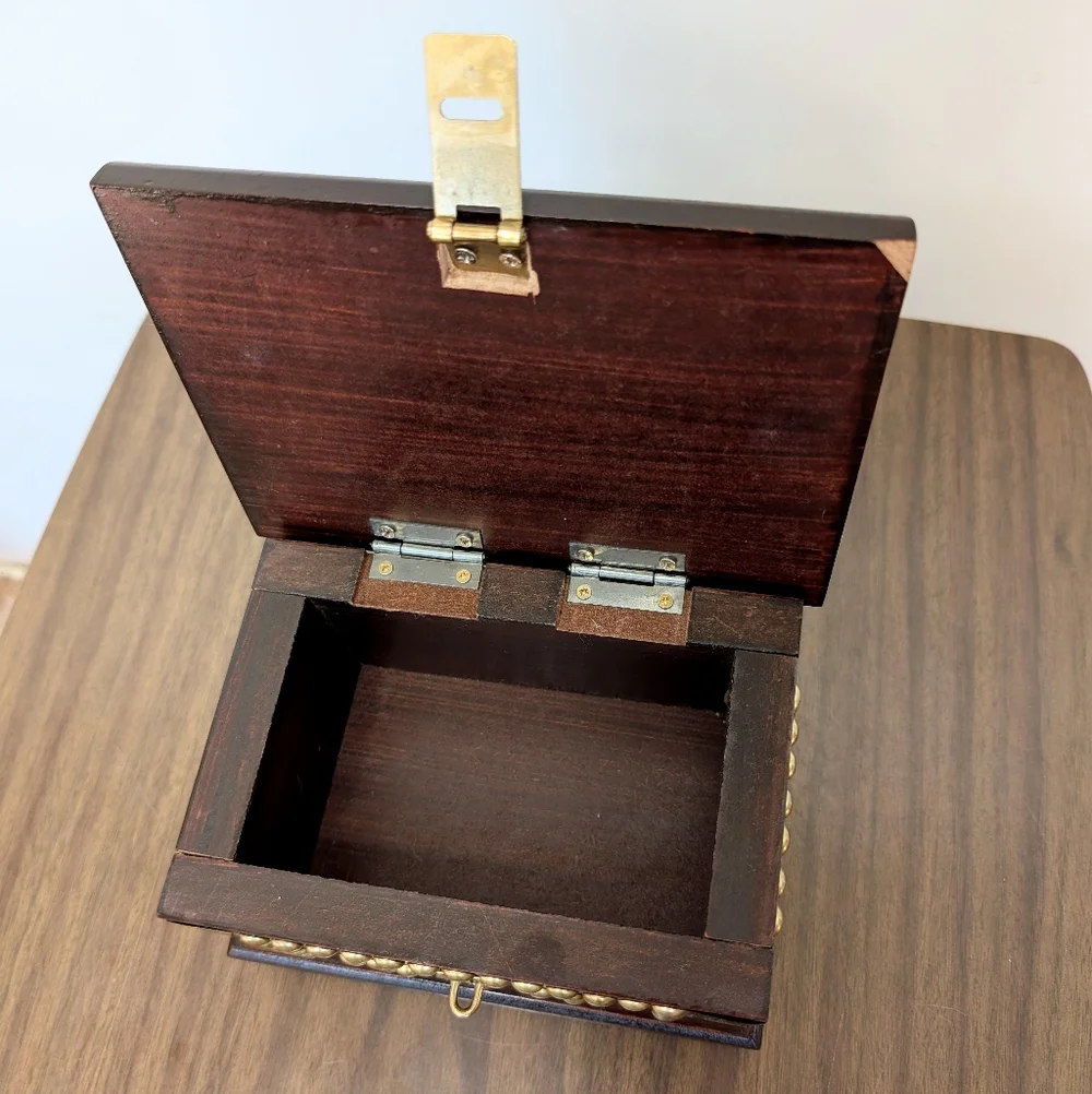 Vintage Dark Red Brown Mahogany Color Wooden Box With Gold Tone Brass Details